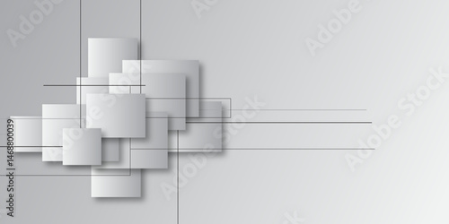 Abstract black and white geometric shapes overlapping on a minimalist background. Minimalist Design with Overlapping Squares. 3d architecture pattern Design for banner, poster, technology background.