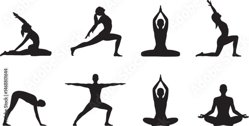 Yoga poses silhouettes demonstrating fitness and wellness for relaxation and meditation practices