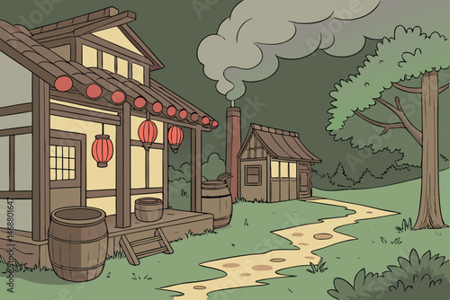 110 fantasy asian rural pastoral village, traditional wooden house with lanterns, smoke coming from chimney, clay pots and pottery, lush greenery and cloudy sky, vibrant colors, detailed cinematic lig