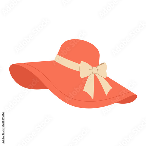 Stylish wide-brimmed sun hat with bow in coral color