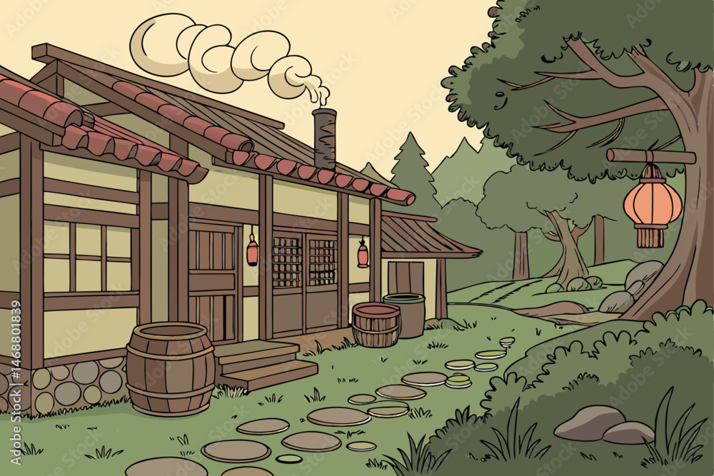 Fototapeta premium 110 fantasy asian rural pastoral village, traditional wooden house with lanterns, smoke coming from chimney, clay pots and pottery, lush greenery and cloudy sky, vibrant colors, detailed cinematic lig