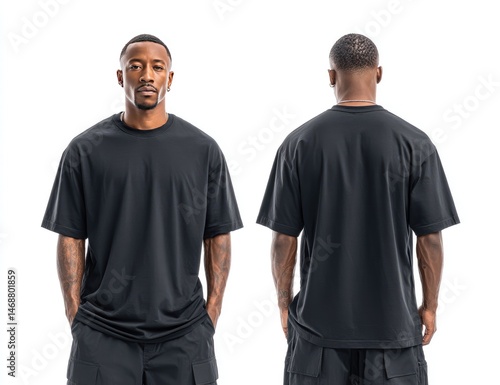 Dark Gray T-Shirt Model Front And Back View Studio Shot