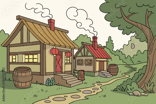 110 fantasy asian rural pastoral village, traditional wooden house with lanterns, smoke coming from chimney, clay pots and pottery, lush greenery and cloudy sky, vibrant colors, detailed cinematic lig