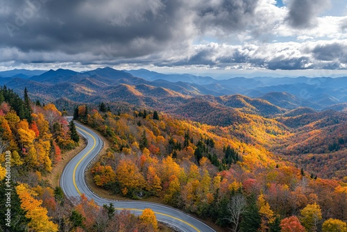 Winding road in an autumn forest, USA. Scenic fall foliage landscape in the Great Smoky Mountains National Park and the historic Cherohala Skyway curved asphalt highway. generative ai