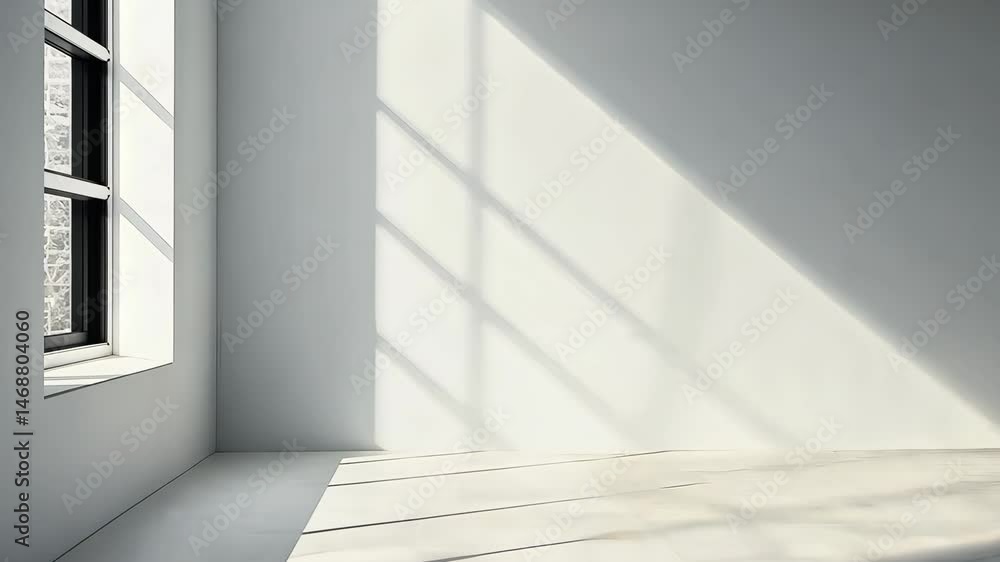 Sunlight Streaming Through a Window Illuminating an Empty Room with White Walls and Floors Creating an Abstract Play of Light and Shadow Sunlight Streaming Through a Window Illuminating an Empty Room with White Walls and Floors Creating an Abstract Play of Light and Shadow