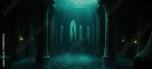 An underwater ancient ruin with illuminated columns and arched openings