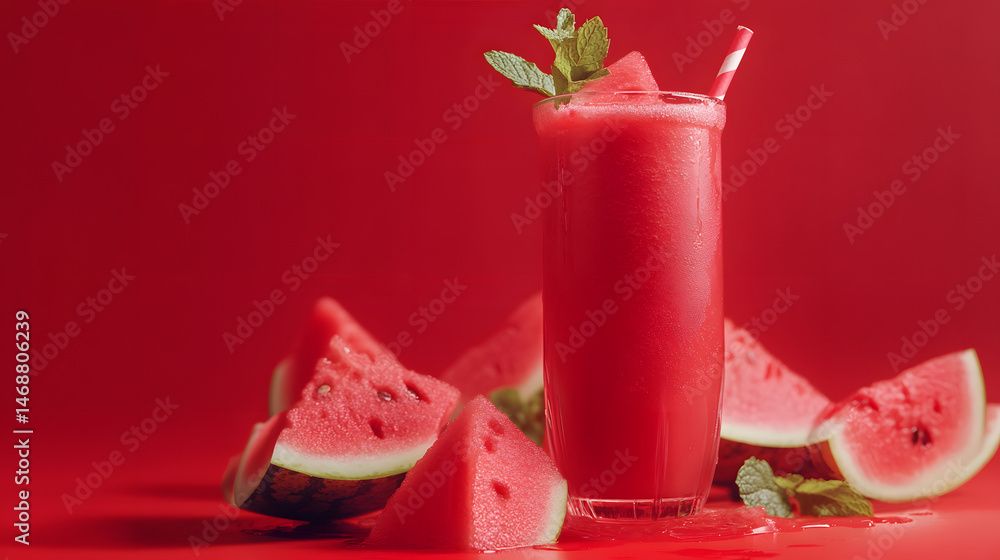 Vibrant glass of watermelon smoothie surrounded by slices of watermelon against a deep red background, suggesting a healthy and refreshing summer beverage. Vibrant glass of watermelon smoothie surrounded by slices of watermelon against a deep red background, suggesting a healthy and refreshing summer beverage.