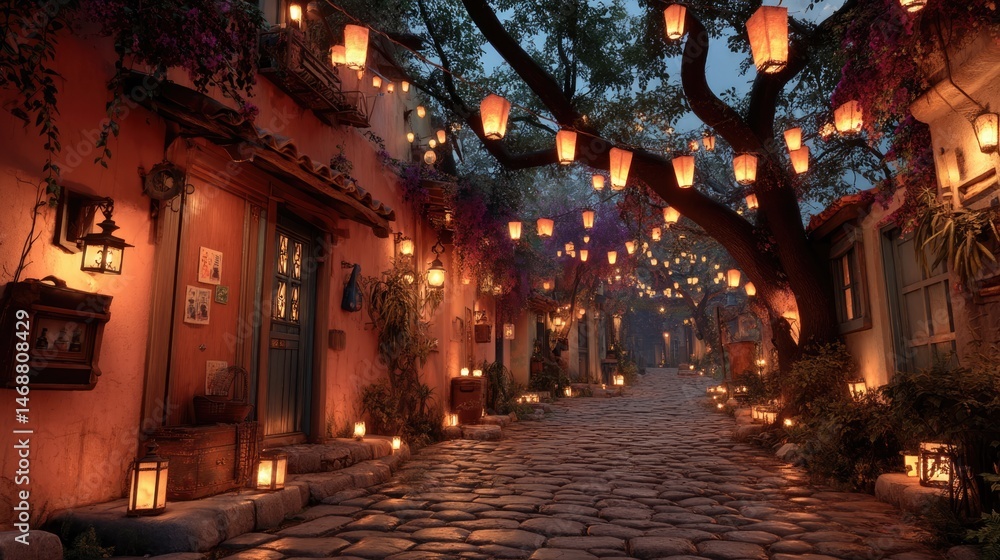 Fototapeta premium Magical night in enchanted village glowing lanterns illuminate cobblestone streets serene atmosphere