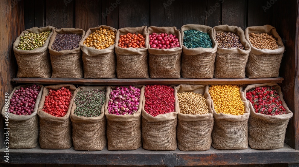 Vibrant Colorful Spices and Grains in Rustic Burlap Bags Vibrant Colorful Spices and Grains in Rustic Burlap Bags