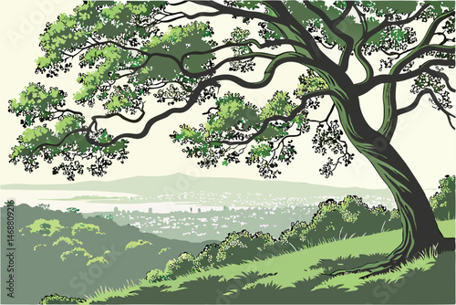 113 a lush green tree with leaves and branches, a cityscape in the background, rolling hills in the foreground, detailed nature, serene landscape, digital art, 8k, hyperrealistic