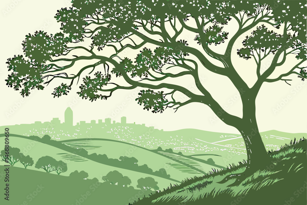 Fototapeta premium 113 a lush green tree with leaves and branches, a cityscape in the background, rolling hills in the foreground, detailed nature, serene landscape, digital art, 8k, hyperrealistic