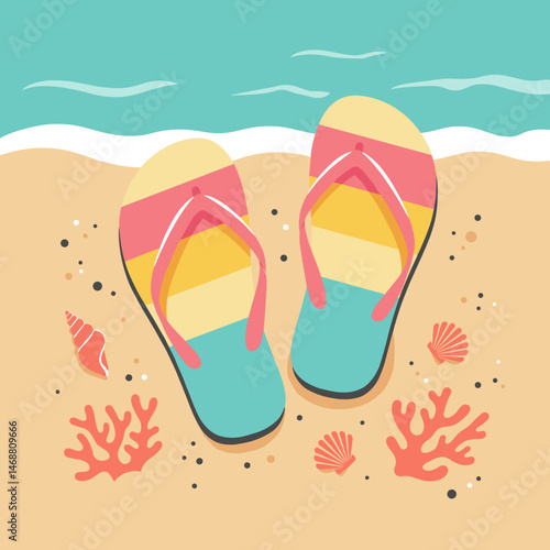 Colorful flip-flops on sandy beach with shells and coral near the water
