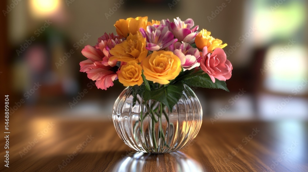 Colorful flowers in a glass vase on a wooden table Colorful flowers in a glass vase on a wooden table