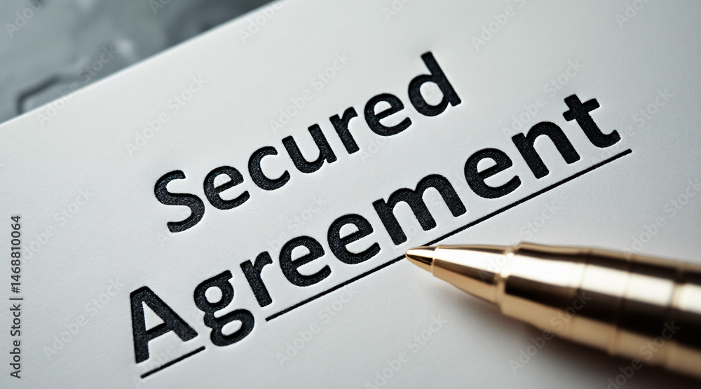 Fototapeta premium Secured Agreement Document with Golden Pen on Black Marble Background