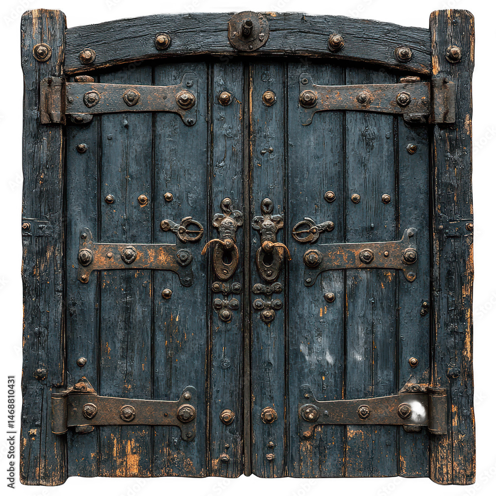 Fototapeta premium Old wooden door with iron hardware vintage entrance antique architecture on transparent background