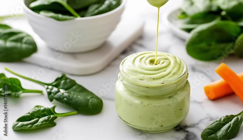 Pouring homemade creamy salad dressing into a glass jar , 4k