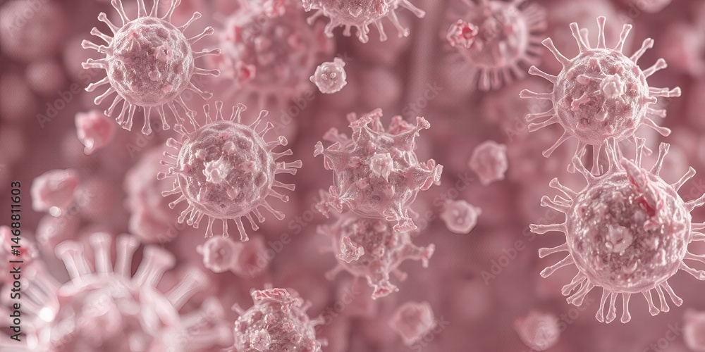 Naklejka premium Microscopic View of Virus Particles Pink Color Detailed 3D Rendering