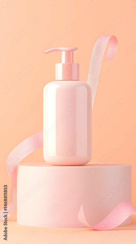 Pink Cosmetic Bottle with Ribbon on White Pedestal Pink Cosmetic Bottle with Ribbon on White Pedestal