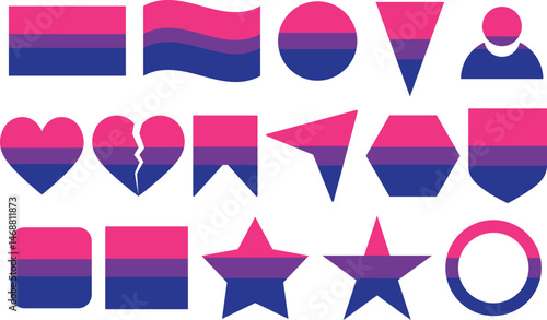 Bisexual Pride Flag Designs in Various Shapes on White Background.