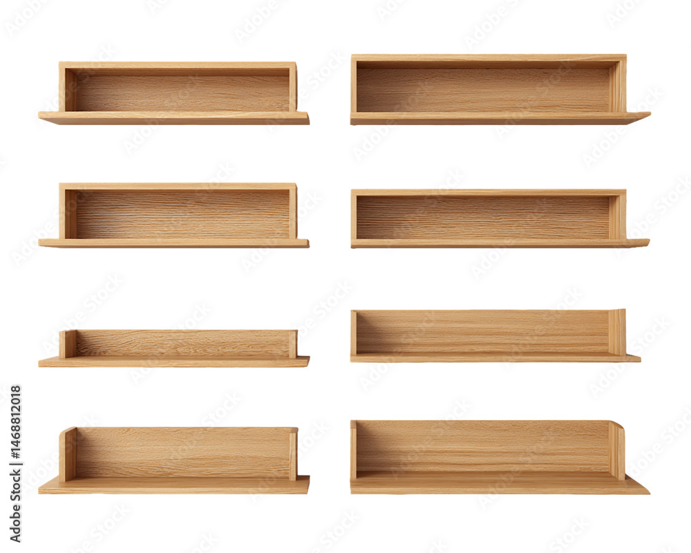 Obraz premium Eight Variations of Empty Light Brown Wooden Shelves on Transparent Background, PNG