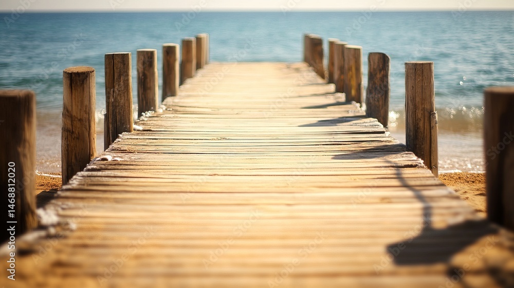 Naklejka premium Wooden pier at the beach with serene atmosphere and warm daylight, ocean softly blurred in background