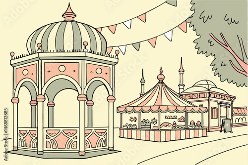 114 colorful,vibrant,ornate,intricate,detailed,fantasy,festival,carnival,celebration,marketplace,architecture,lanterns,gazebo,stalls,flags,whimsical,joyful,lively,illustrative,digital art