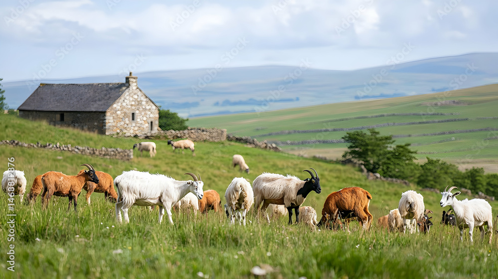 Fototapeta premium Sheep And Goats Grazing In Pasture With Old Stone House