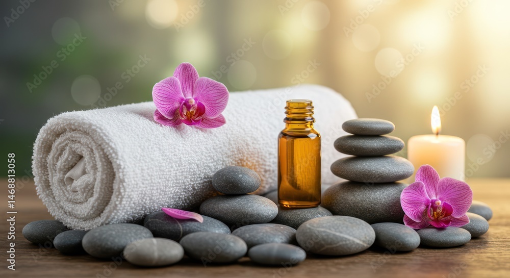 Spa wellness arrangement with stones towel oil and candle Spa wellness arrangement with stones towel oil and candle