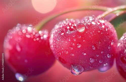 A close-up of fresh, juicy cherries with water droplets on them. The background is blurred to emphasize the vibrant red color and texture of the cherry fruit. High-resolution photography,generative ai