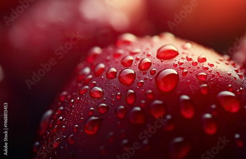 A close-up of fresh, juicy cherries with water droplets on them. The background is blurred to emphasize the vibrant red color and texture of the cherry fruit. High-resolution photography,generative ai