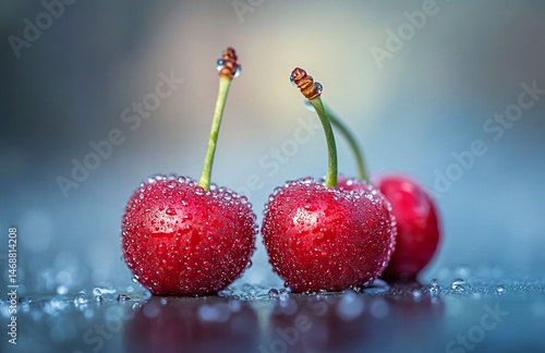 A close-up of fresh, juicy cherries with water droplets on them. The background is blurred to emphasize the vibrant red color and texture of the cherry fruit. High-resolution photography,generative ai