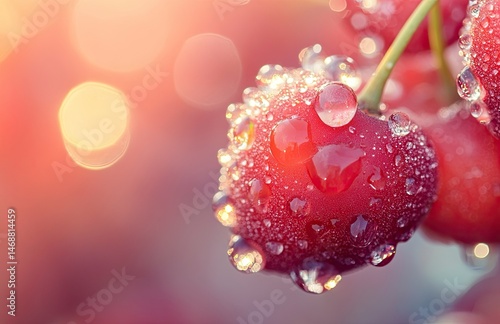A close-up of fresh, juicy cherries with water droplets on them. The background is blurred to emphasize the vibrant red color and texture of the cherry fruit. High-resolution photography,generative ai