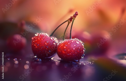 A close-up of fresh, juicy cherries with water droplets on them. The background is blurred to emphasize the vibrant red color and texture of the cherry fruit. High-resolution photography,generative ai