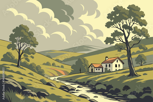 116 peaceful rural landscape, rolling hills, cottages, trees, cloudy sky, stream, digital art, photorealistic, vibrant colors, atmospheric, impressionistic style