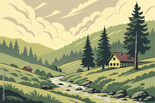 116 peaceful rural landscape, rolling hills, cottages, trees, cloudy sky, stream, digital art, photorealistic, vibrant colors, atmospheric, impressionistic style