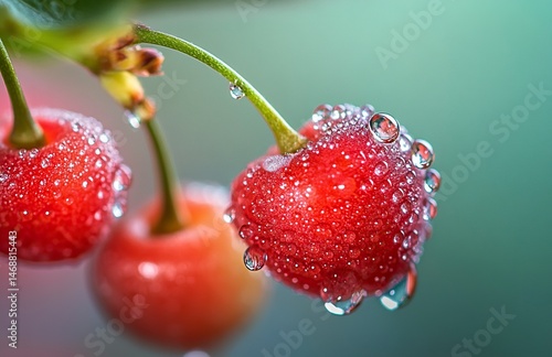 A close-up of fresh, juicy cherries with water droplets on them. The background is blurred to emphasize the vibrant red color and texture of the cherry fruit. High-resolution photography,generative ai