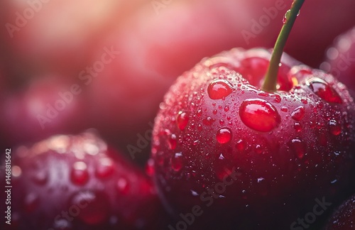 A close-up of fresh, juicy cherries with water droplets on them. The background is blurred to emphasize the vibrant red color and texture of the cherry fruit. High-resolution photography,generative ai