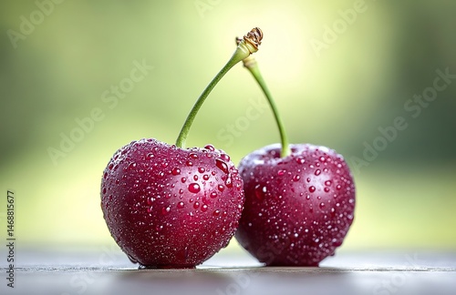 A close-up of fresh, juicy cherries with water droplets on them. The background is blurred to emphasize the vibrant red color and texture of the cherry fruit. High-resolution photography,generative ai