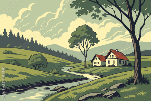 116 peaceful rural landscape, rolling hills, cottages, trees, cloudy sky, stream, digital art, photorealistic, vibrant colors, atmospheric, impressionistic style