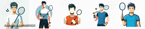 Set vector of a badminton player holding a racket for practice