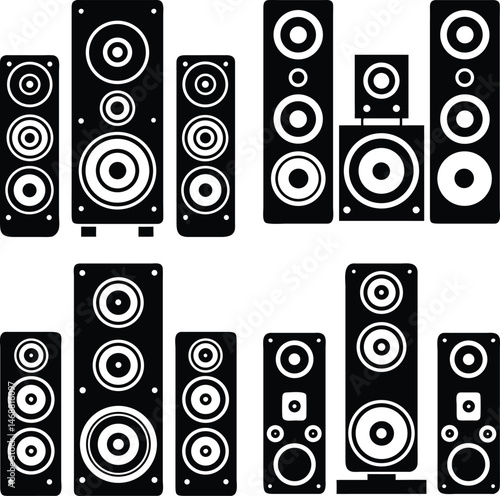 Black silhouette set of home audio speaker systems with subwoofers and multiple speaker units in vector graphic style
