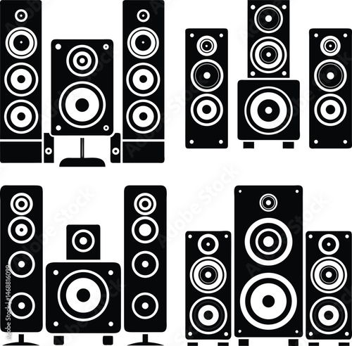 Black silhouette set of home audio speaker systems with subwoofers and multiple speaker units in vector graphic style
