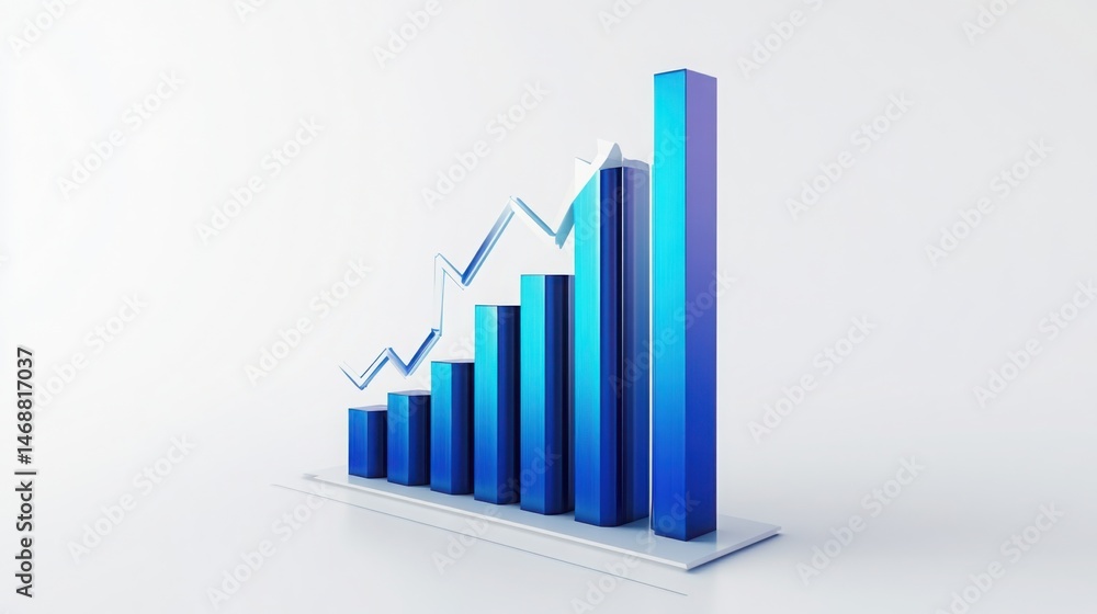 Blue 3D bar graph showing upward trend progress growth success and financial achievement Clean white Blue 3D bar graph showing upward trend progress growth success and financial achievement Clean white