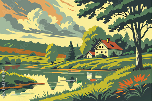 117 colorful landscape, countryside village, serene pond reflection, dramatic cloudy sky, lush greenery, vibrant colors, painterly art style, digital painting, hyper realistic, cinematic lighting, hig