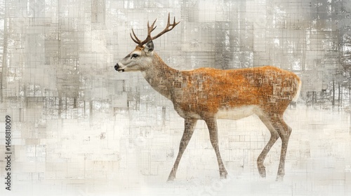 Winter scene with a deer in a city landscape.