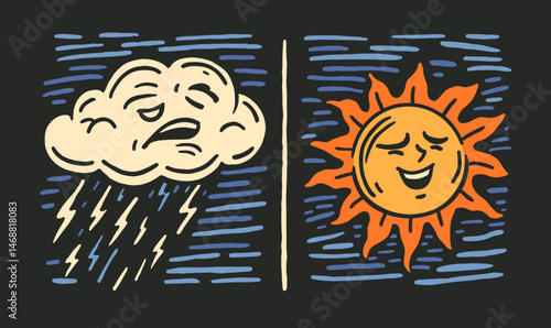 Hand-Drawn Doodle of Sun and Cloud Illustrating Weather Dynamics