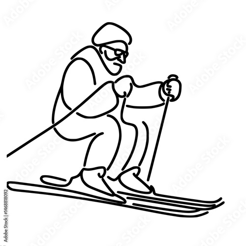 Senior skier skiing in squat position enjoying winter sports on snowy slopes, one line outline vector