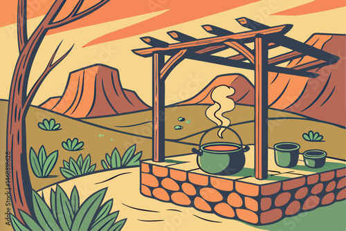 118 a traditional outdoor kitchen, cooking fire, earthenware pots, rustic wooden structure, steam rising, desert landscape, vibrant colors, impressionist style painting