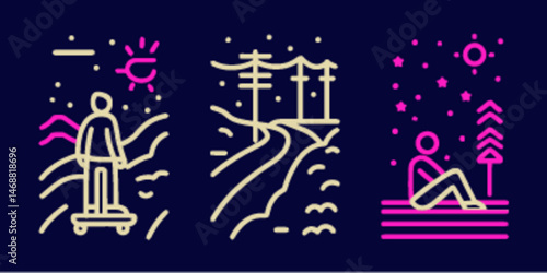 Monoline Flat Icon Set of Landscapes and Characters at Night