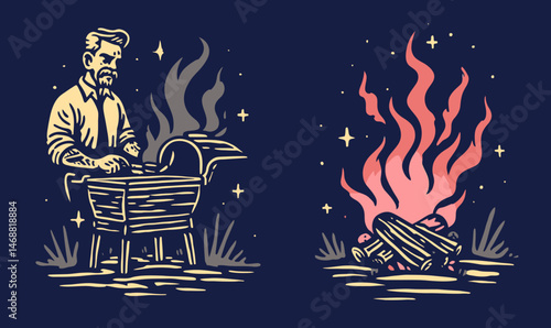 Hand-drawn Doodle of Man with Grill and Campfire on Dark Background